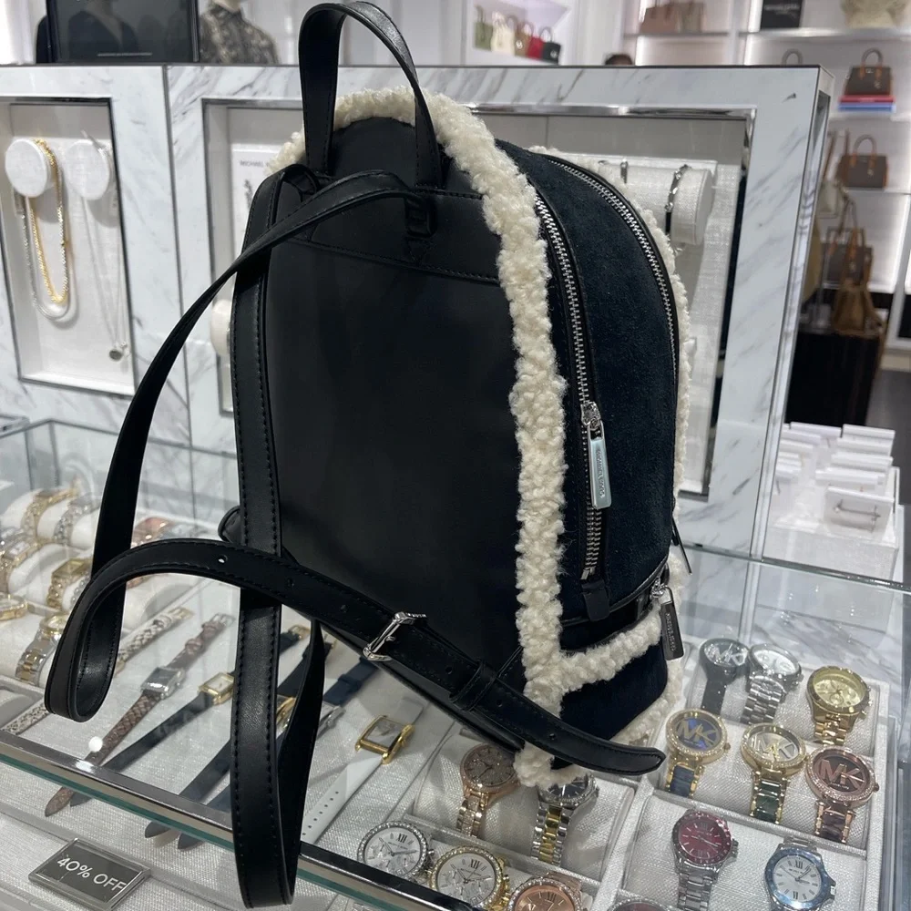 MICHAEL KORS Rhea Medium Suede and Faux Shearling Backpack Black NWT